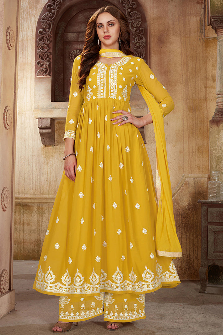 Yellow Color Attractive Embroidered Function Wear Palazzo Salwar Kameez In Georgette Fabric
