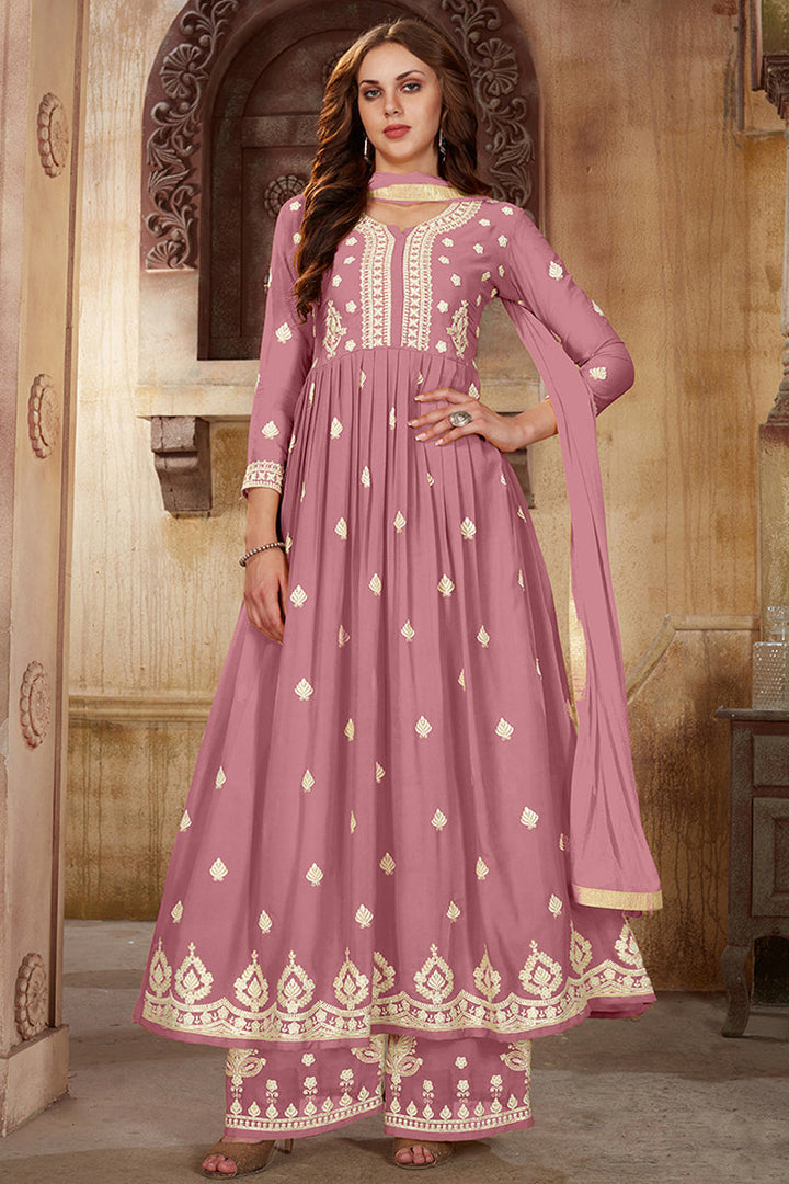 Embroidered Festive Wear Glamorous Palazzo Suit In Pink Georgette Fabric