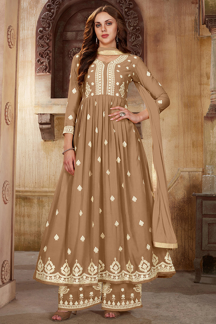 Chikoo Color Georgette Fabric Fancy Embroidered Function Wear Palazzo Suit