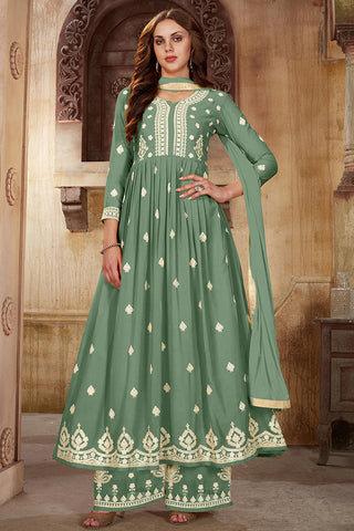 Georgette Fabric Sea Green Color Embroidered Festive Wear Trendy Palazzo Salwar Suit