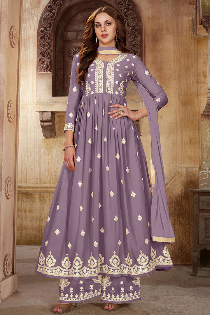 Lavender Color Embroidered Party Wear Stylish Palazzo Salwar Kameez In Georgette Fabric