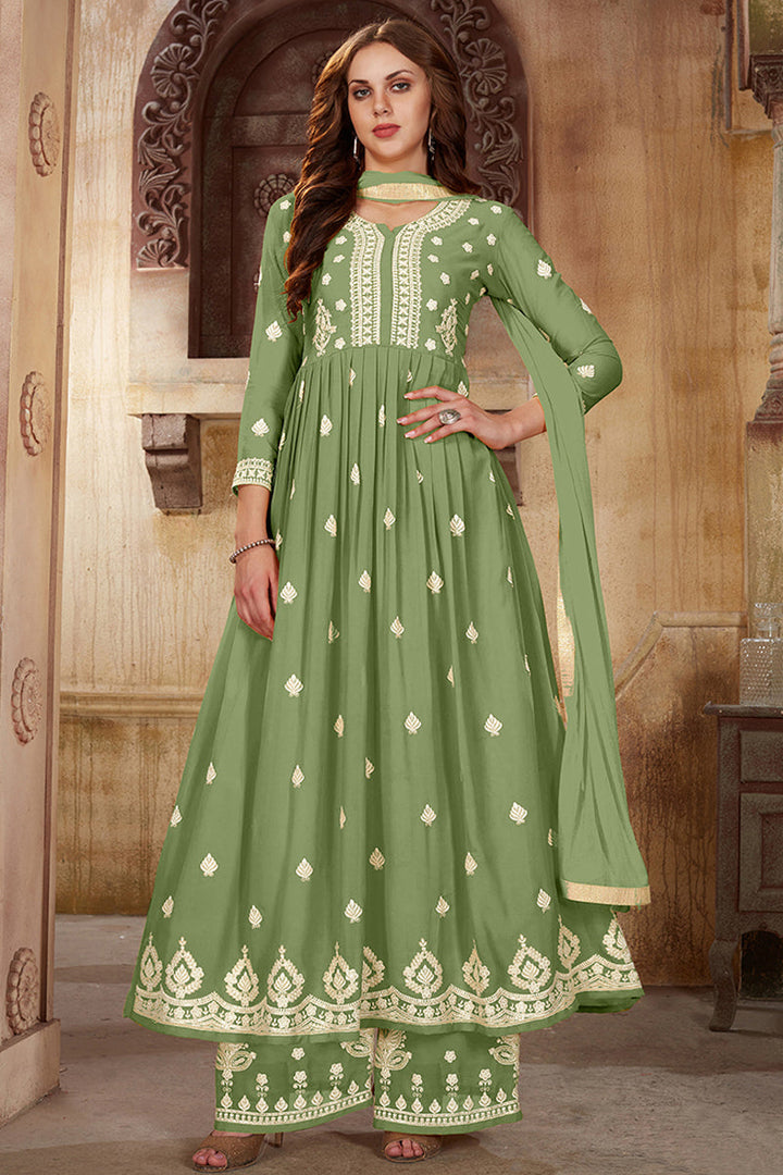 Embroidered Sangeet Wear Designer Palazzo Suit In Georgette Green Color