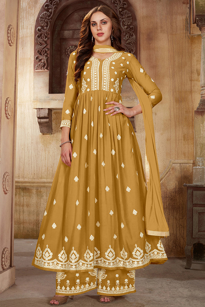 Pretty Coffee Georgette Fabric Embroidered Wedding Wear Palazzo Suit