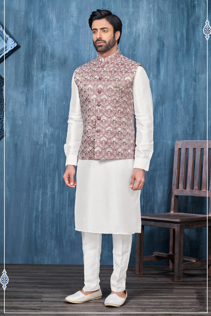 Banarasi Silk Fabric Embroidery Work Function Wear Readymade White Color Kurta Pyjama For Men With Jacket