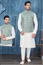 Load image into Gallery viewer, White Banarasi Silk Fabric Festive Wear Embroidery Work Readymade Kurta Pyjama For Men With Jacket
