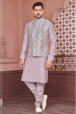 Load image into Gallery viewer, Banarasi Silk Fabric Lavender Color Embroidery Work Festive Wear Trendy Readymade Men Kurta Pyjama With Jacket
