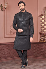 Load image into Gallery viewer, Black Color Beautiful Embroidery Work Banarasi Silk Fabric Wedding Wear Readymade Kurta Pyjama For Men With Jacket
