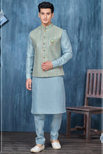 Load image into Gallery viewer, Fancy Cyan Color Banarasi Silk Fabric Function Wear Readymade Kurta Pyjama For Men With Modi Jacket Set
