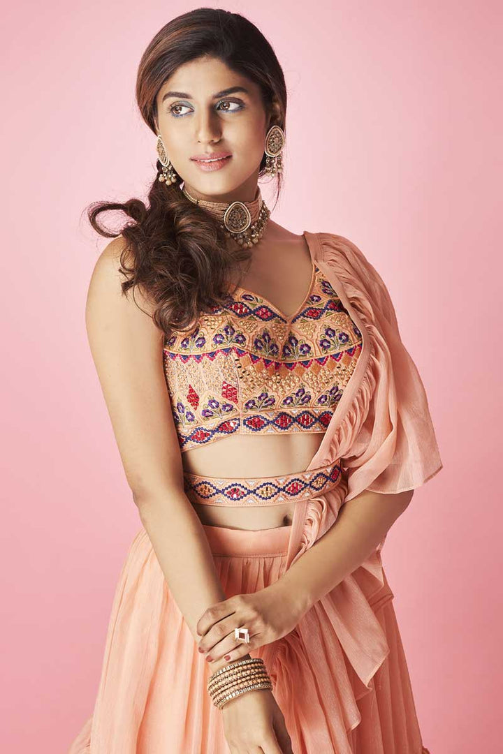 Magnificent Chiffon Fabric Sangeet Wear Peach Color Embroidered Work Lehenga