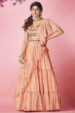 Load image into Gallery viewer, Magnificent Chiffon Fabric Sangeet Wear Peach Color Embroidered Work Lehenga
