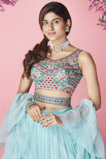 Load image into Gallery viewer, Cyan Color Chiffon Fabric Sangeet Wear Splendid Lehenga With Embroidered Work
