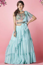 Load image into Gallery viewer, Cyan Color Chiffon Fabric Sangeet Wear Splendid Lehenga With Embroidered Work
