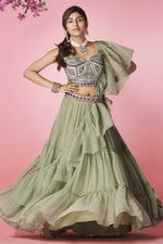 Load image into Gallery viewer, Sangeet Wear Olive Color Chiffon Fabric Precious Lehenga With Embroidered Work
