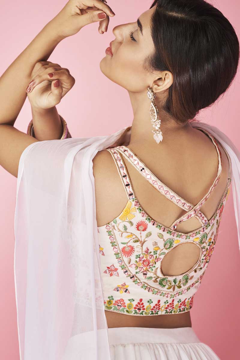 Off White Color Sangeet Wear Embroidered Chiffon Fabric Glamorous Lehenga