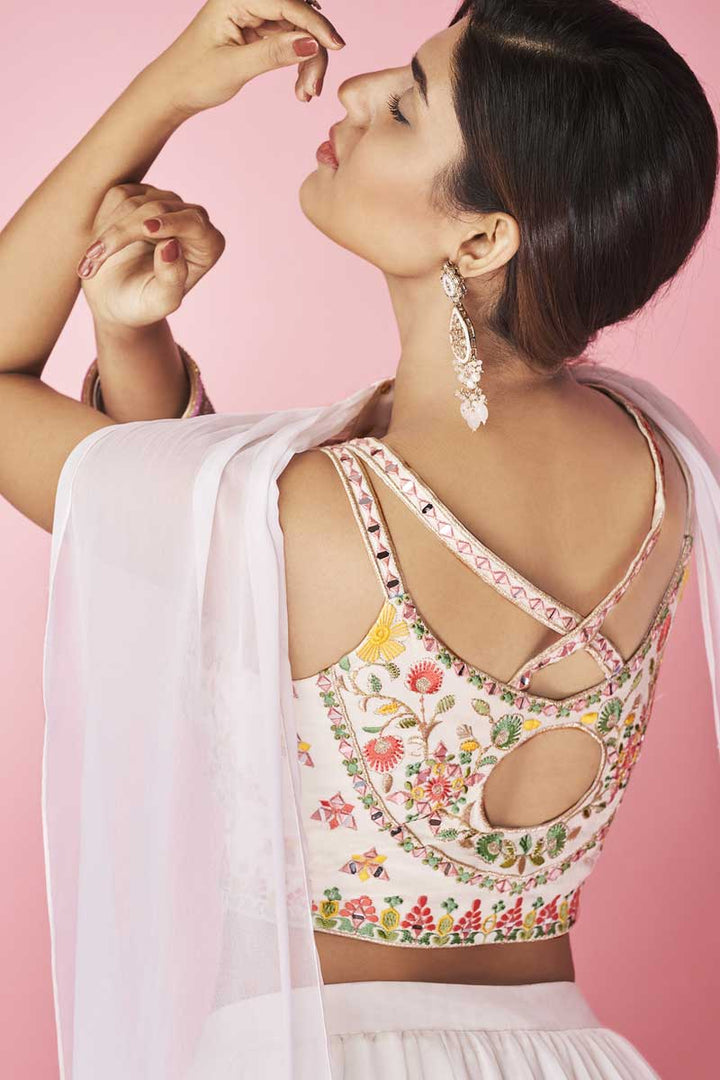 Off White Color Sangeet Wear Embroidered Chiffon Fabric Glamorous Lehenga