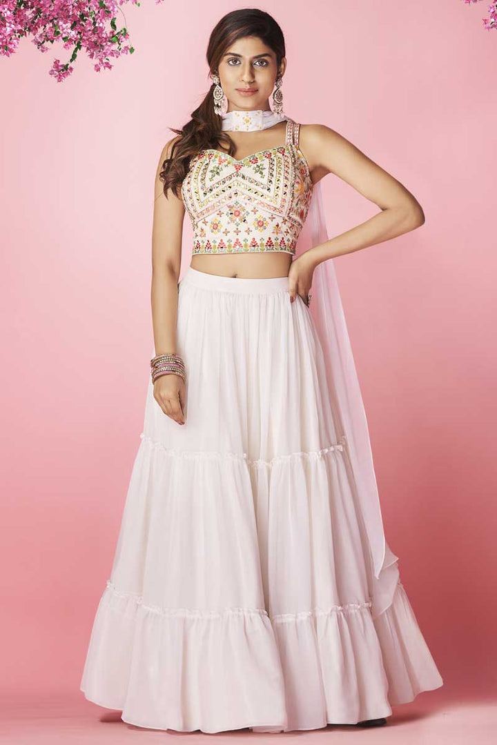 Off White Color Sangeet Wear Embroidered Chiffon Fabric Glamorous Lehenga