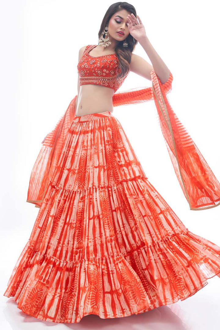 Rust Color Jacquard Fabric Function Wear Lehenga With Fantastic Thread Embroidered Work