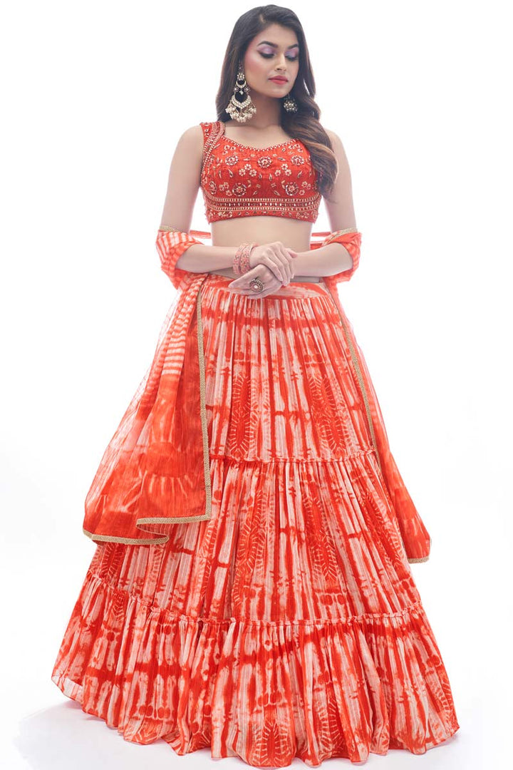 Rust Color Jacquard Fabric Function Wear Lehenga With Fantastic Thread Embroidered Work