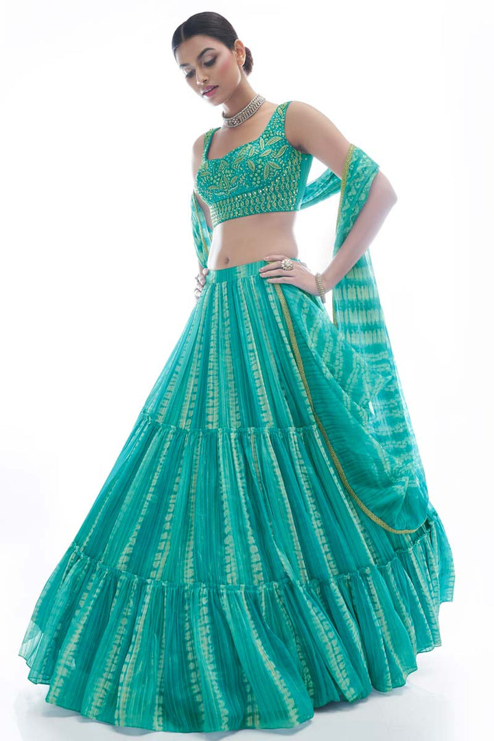 Subtle Thread Embroidered Work On Sea Green Color Jacquard Fabric Function Wear Lehenga