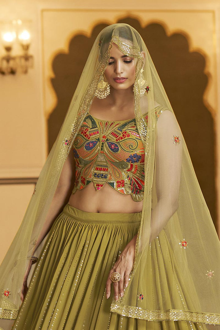 Mehendi Green Color Georgette Lehenga With Aristocratic Embroidered Work