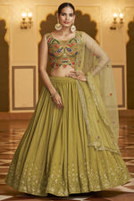 Load image into Gallery viewer, Mehendi Green Color Georgette Lehenga With Aristocratic Embroidered Work
