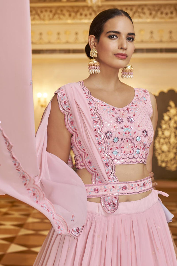 Fashionable Embroidered Work On Georgette Lehenga In Pink Color