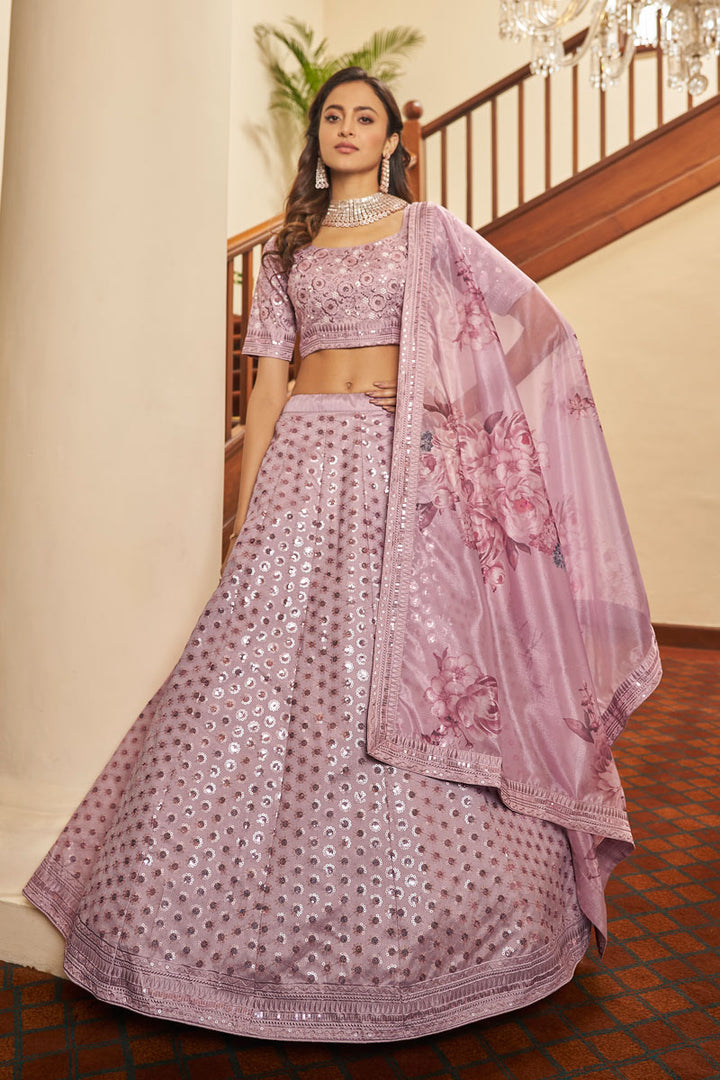 Pink Color Wedding Wear Sequince Work Lehanga Choli In Art Silk Fabric