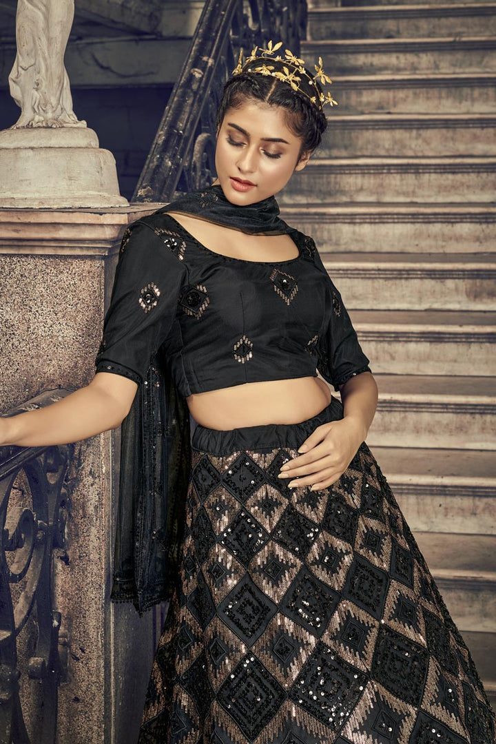 Wedding Wear Sequins Work Black Color Lehenga Choli In Net Fabric