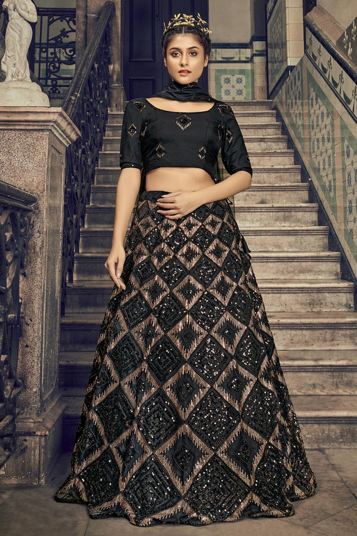 Wedding Wear Sequins Work Black Color Lehenga Choli In Net Fabric
