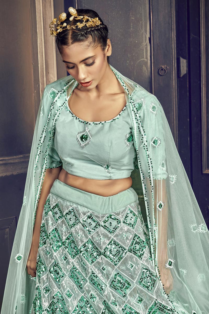 Light Cyan Color Net Fabric Sangeet Wear Sequins Work Lehenga Choli