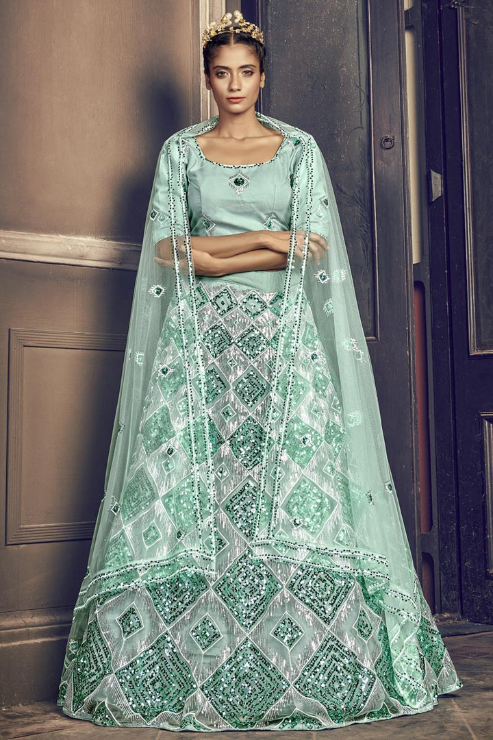 Light Cyan Color Net Fabric Sangeet Wear Sequins Work Lehenga Choli