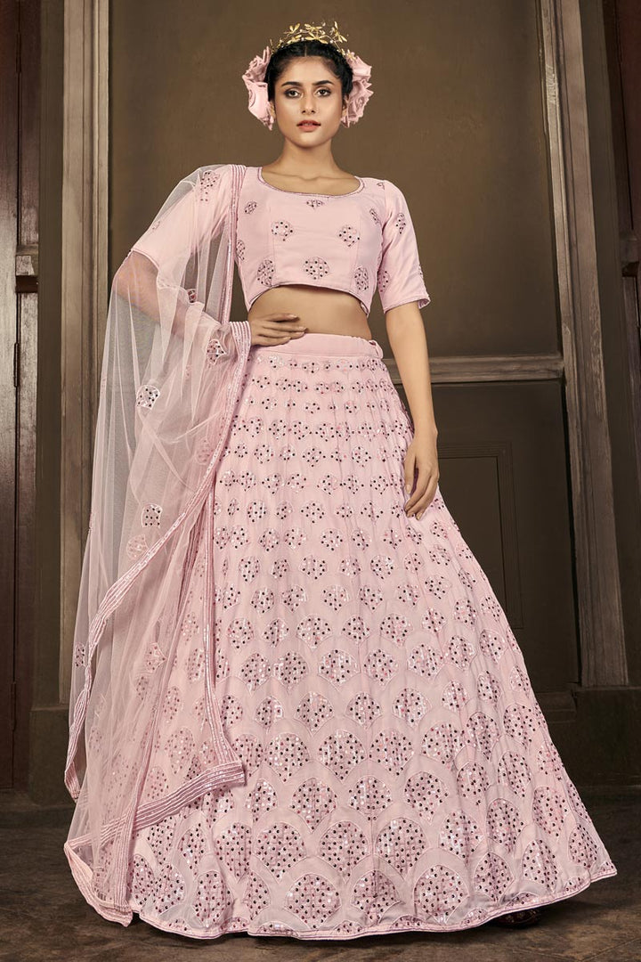 Georgette Fabric Pink Color Wedding Wear Sequins Work Lehenga Choli