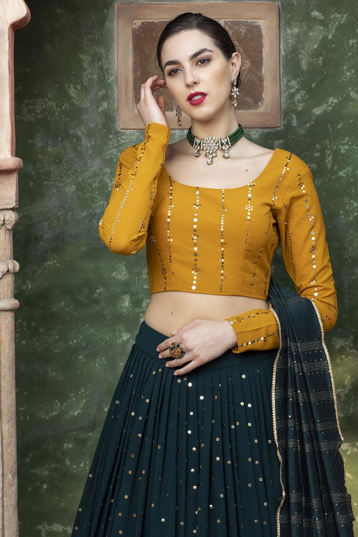 Georgette Fabric Dark Green Color Designer 3 Piece Lehenga Choli