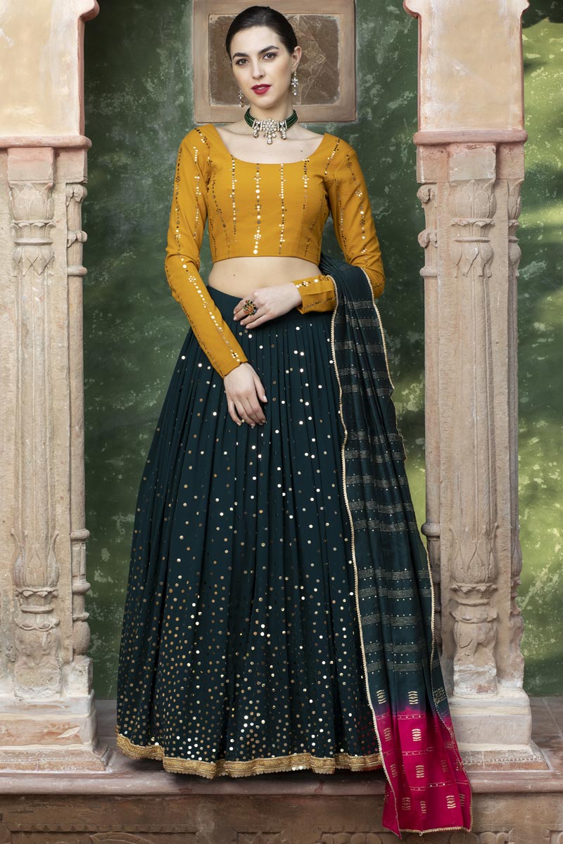 Georgette Fabric Dark Green Color Designer 3 Piece Lehenga Choli