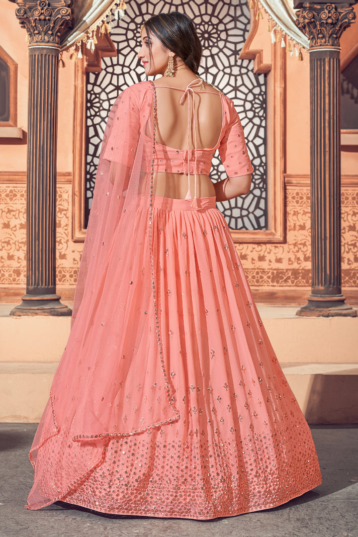 Peach Color Sequins Work Wedding Wear Lehenga Choli In Georgette Fabric