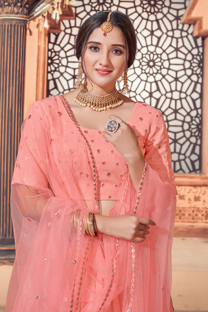 Peach Color Sequins Work Wedding Wear Lehenga Choli In Georgette Fabric