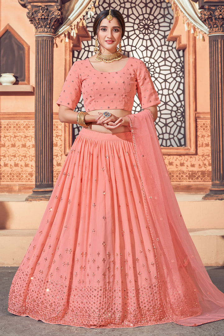 Peach Color Sequins Work Wedding Wear Lehenga Choli In Georgette Fabric