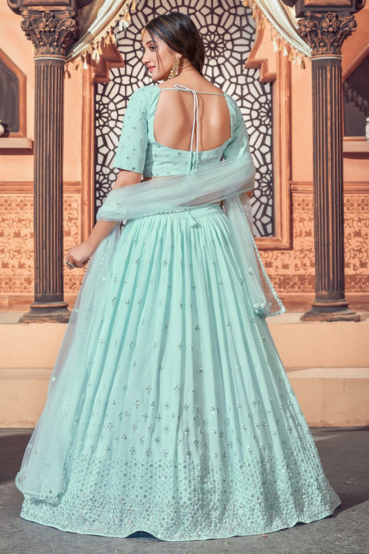 Wedding Wear Georgette Fabric Sequins Work Lehenga Choli In Light Cyan Color