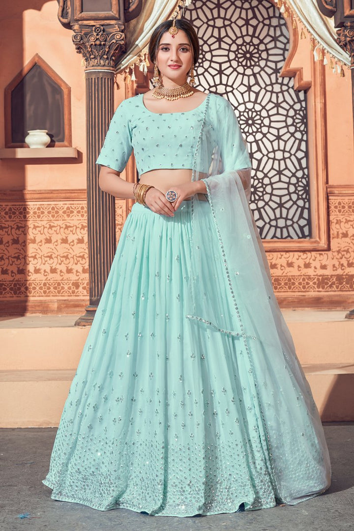 Wedding Wear Georgette Fabric Sequins Work Lehenga Choli In Light Cyan Color