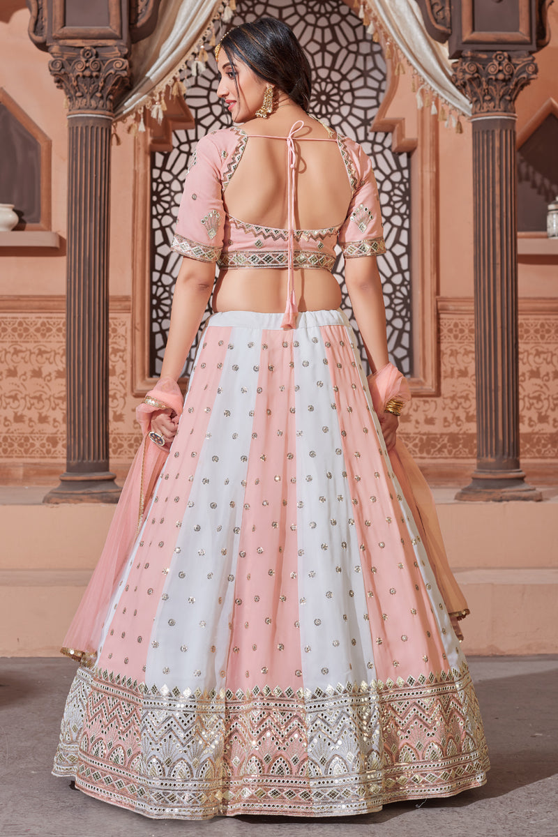 Wedding Wear Peach Color Sequins Work Lehenga Choli In Georgette Fabric