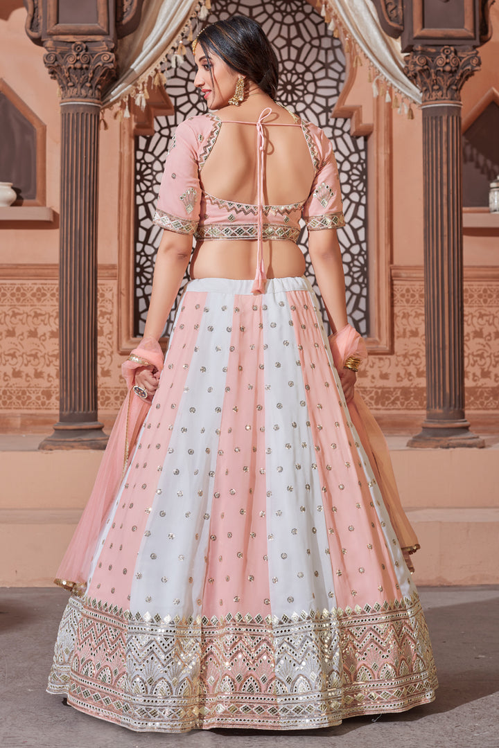 Wedding Wear Peach Color Sequins Work Lehenga Choli In Georgette Fabric