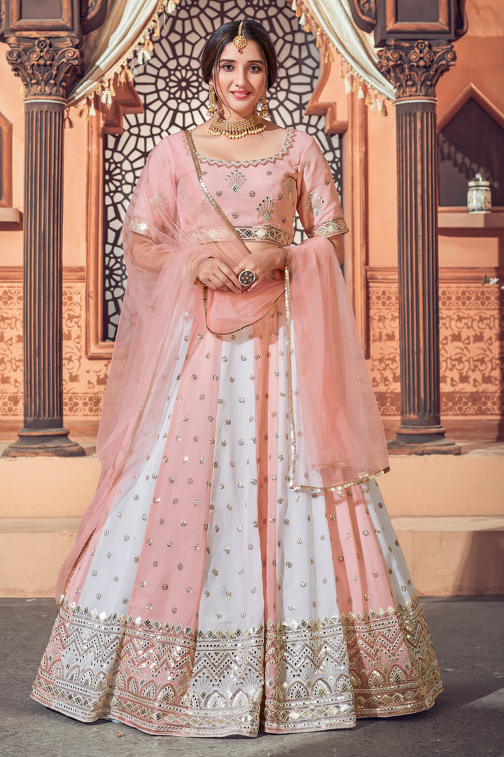 Wedding Wear Peach Color Sequins Work Lehenga Choli In Georgette Fabric