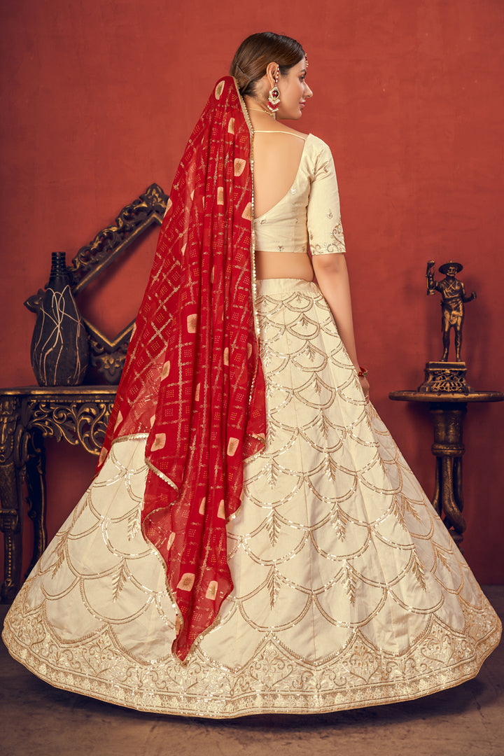 Wedding Wear Beige Color Art Silk Fabric Embroidered Lehenga Choli