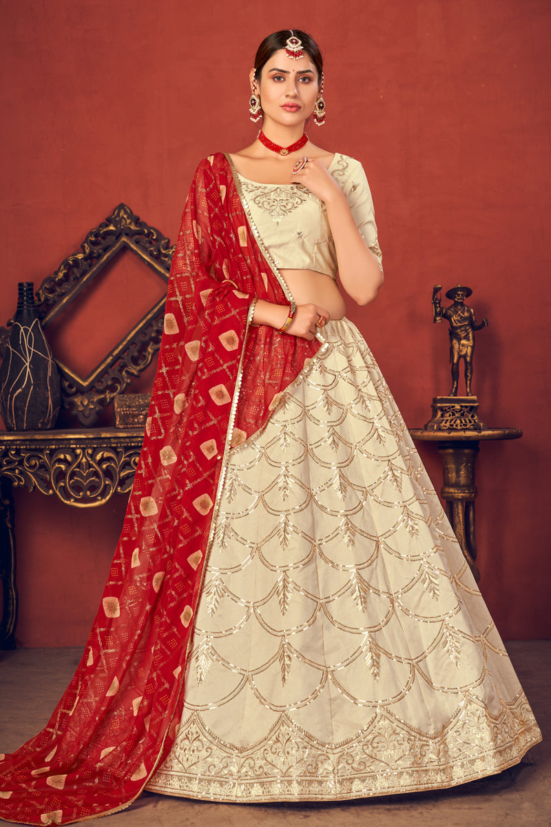 Wedding Wear Beige Color Art Silk Fabric Embroidered Lehenga Choli