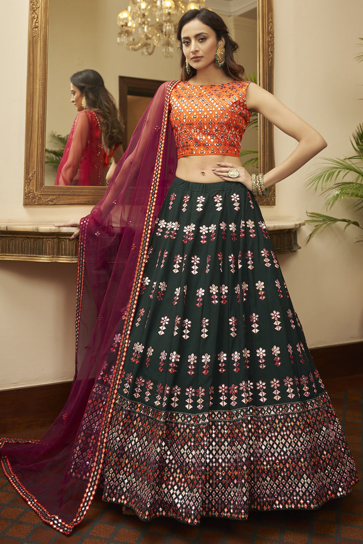 Gorgeous Dark Green Embroidered Sangeet Wear Lehenga Choli In Georgette Fabric