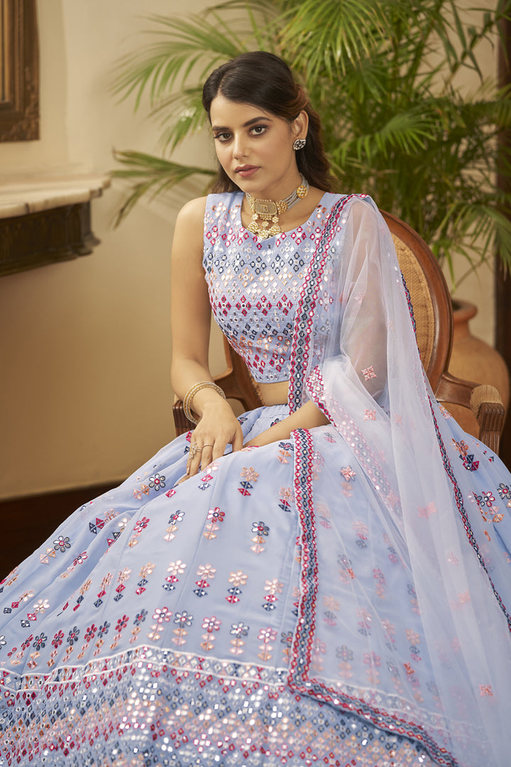Georgette Attractive Embroidered Wedding Wear Lehenga Choli In Blue Color