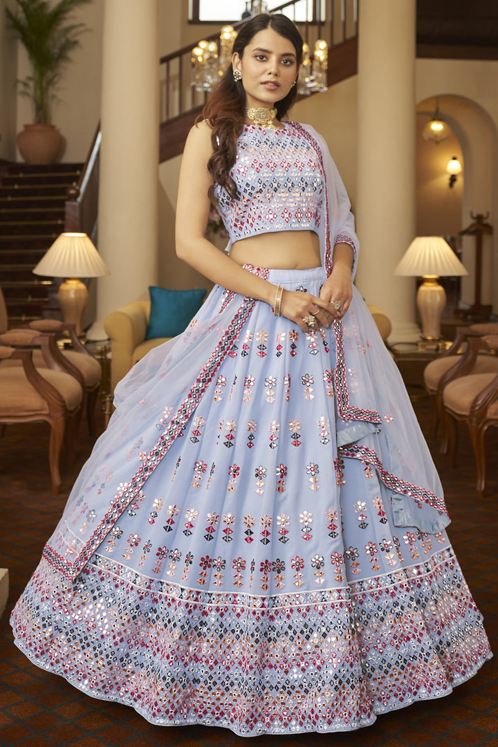 Georgette Attractive Embroidered Wedding Wear Lehenga Choli In Blue Color