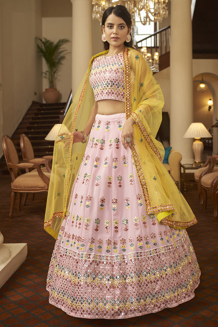 Pretty Georgette Fabric Embroidered Sangeet Wear Lehenga Choli In Pink Color