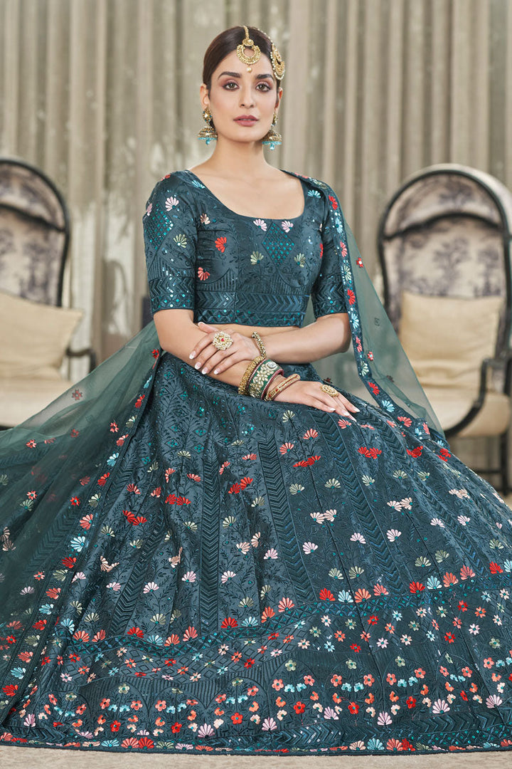 Silk Fabric Teal Color Stunning Wedding Wear Lehenga