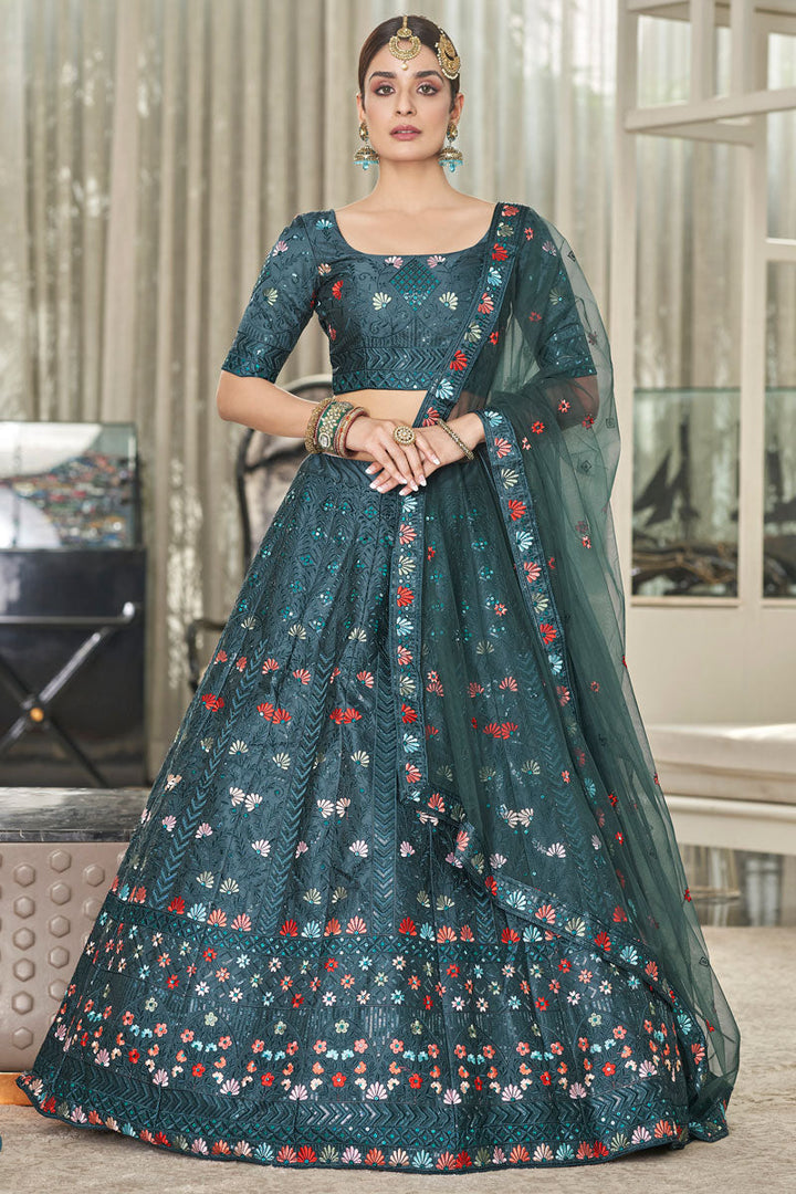 Silk Fabric Teal Color Stunning Wedding Wear Lehenga